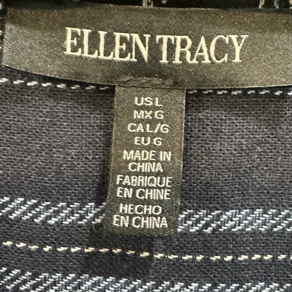 61. ELLEN TRACY $79 Navy Blue White Stripe Linen Blend Top Size L - Picture 7 of 8